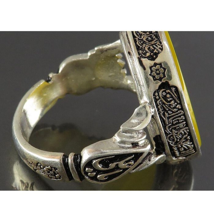 Yellow Agate Silver Ring with Engravings "Waman Yattaqillah, Surah Al-Fatiha, Salawat Imam Hussain, Nade Ali,"