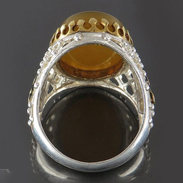 Yellow Agate Silver Ring with Ya Ali Design and Engraving of Surah "An-Nas & Ayat al-Kursi"