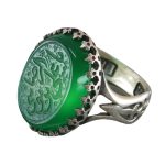 Beautiful Engraved Green Agate Silver Ring with Ya Ali Ibn Musa Al-Reza