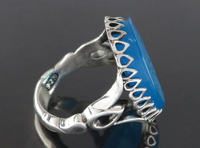 Blue Agate Silver Ring with "Ya Imam Reza" Engraving for Men's