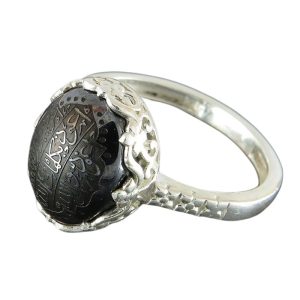 Delicate Women's Silver Chinese Hematite (Hadid) Ring with Seven Jalalah Engraving