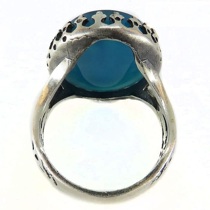 Engraved Blue Agate Silver Ring with "Ya Ali Ibn Musa Al-Reza" Men's