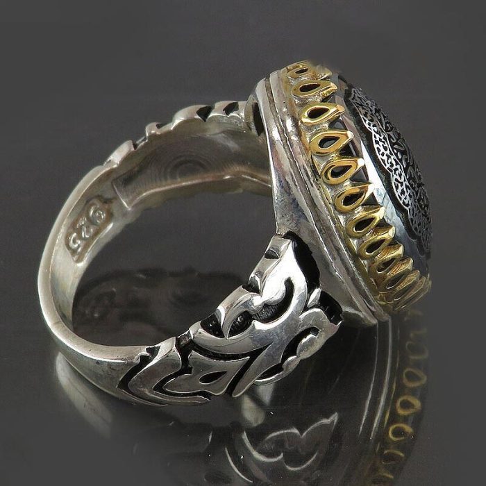 Engraved Hematite (Hadid) Silver Ring with Golden Brass Crown [Seven Jalal]