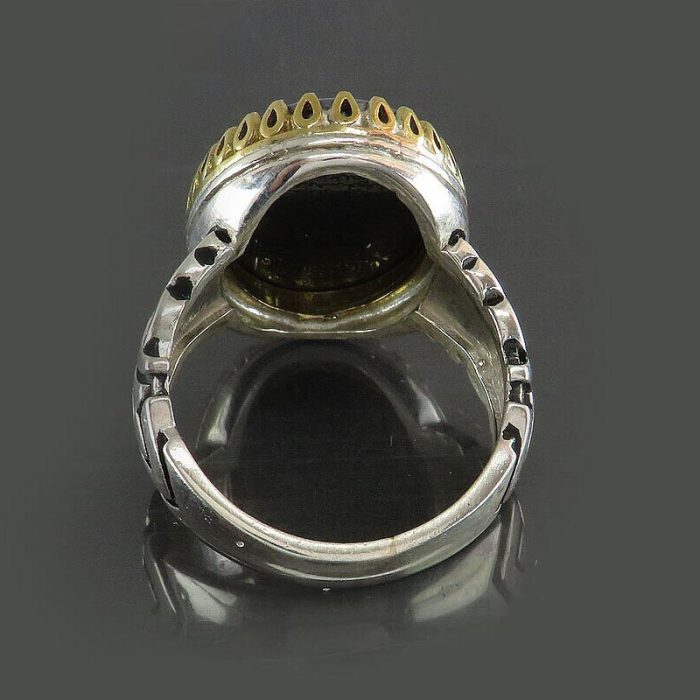 Engraved Hematite (Hadid) Silver Ring with Golden Brass Crown [Seven Jalal]