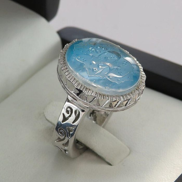 Handmade Blue Dur-e-Najaf Silver Ring with "Ya Hussain Mazloom" Engraving