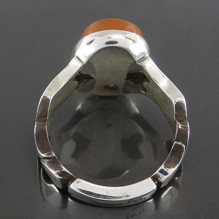 Handmade Luxury Yemeni Orange Agate Silver Ring with "Ya Hussain" Engraving