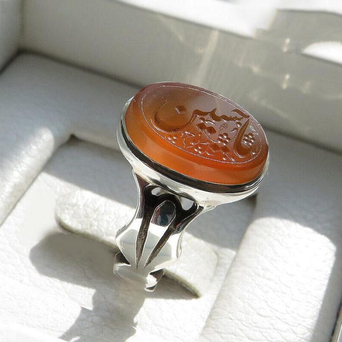 Handmade Luxury Yemeni Orange Agate Silver Ring with "Ya Hussain" Engraving