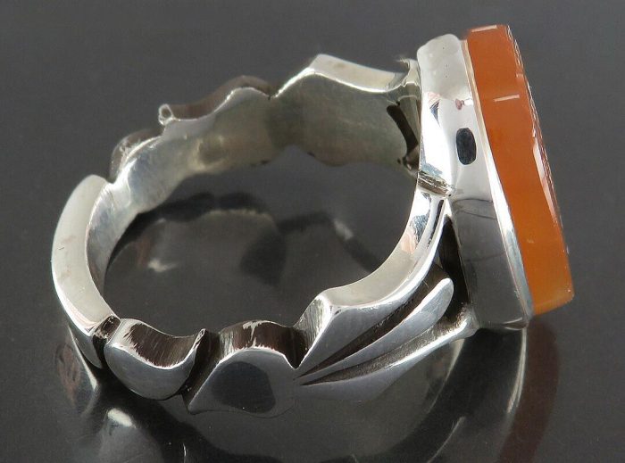 Handmade Luxury Yemeni Orange Agate Silver Ring with "Ya Hussain" Engraving