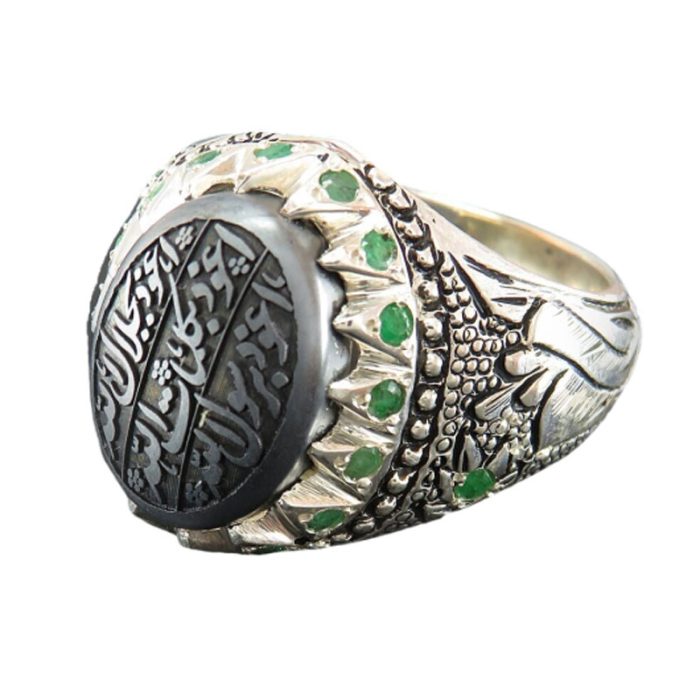 Handmade Men's Silver Chinese Hematite (Hadid) and Zambian Emerald Ring with Seven Jalalah Engraving