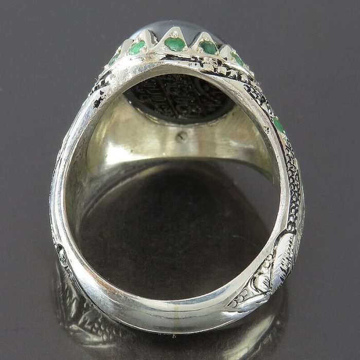 Men's Silver Hematite (Hadid) and Zambian Emerald Ring with "Seven Jalalah" Engraving