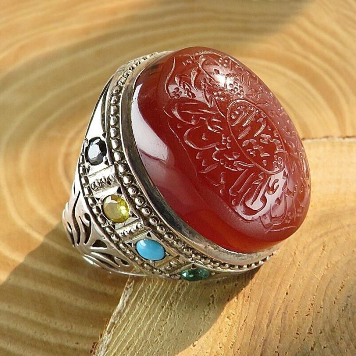 Handmade Men's Silver Yemeni Agate Ring with Ruby, Turquoise, and Emerald Inlay and Salawat Imam Hussain Engraving