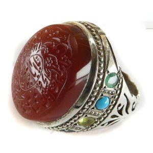 Handmade Men's Silver Yemeni Agate Ring with Ruby, Turquoise, and Emerald Inlay and Salawat Imam Hussain Engraving