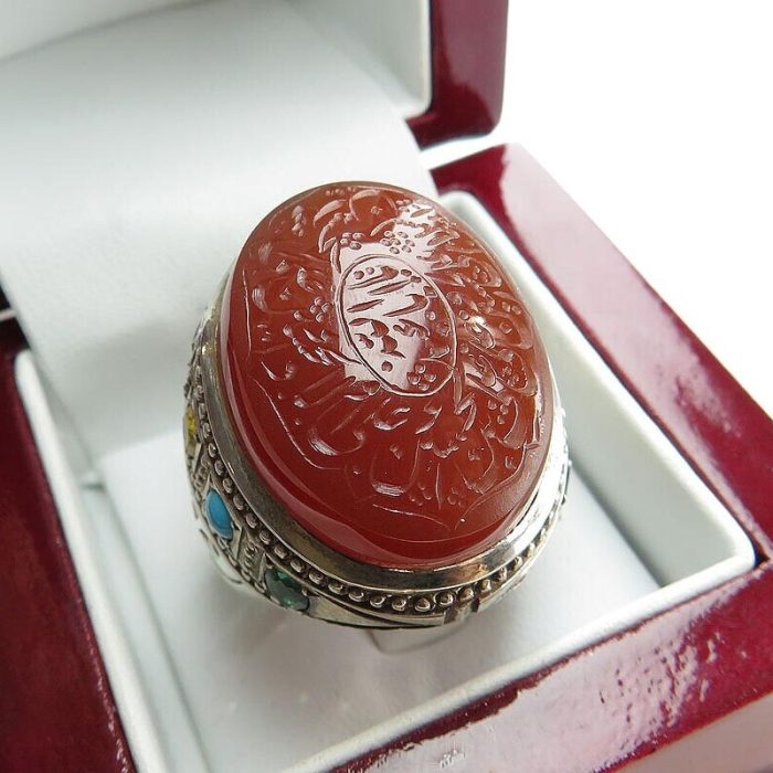 Handmade Men's Silver Yemeni Agate Ring with Ruby, Turquoise, and Emerald Inlay and Salawat Imam Hussain Engraving