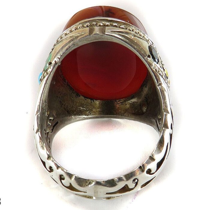 Handmade Men's Silver Yemeni Agate Ring with Ruby, Turquoise, and Emerald Inlay and Salawat Imam Hussain Engraving