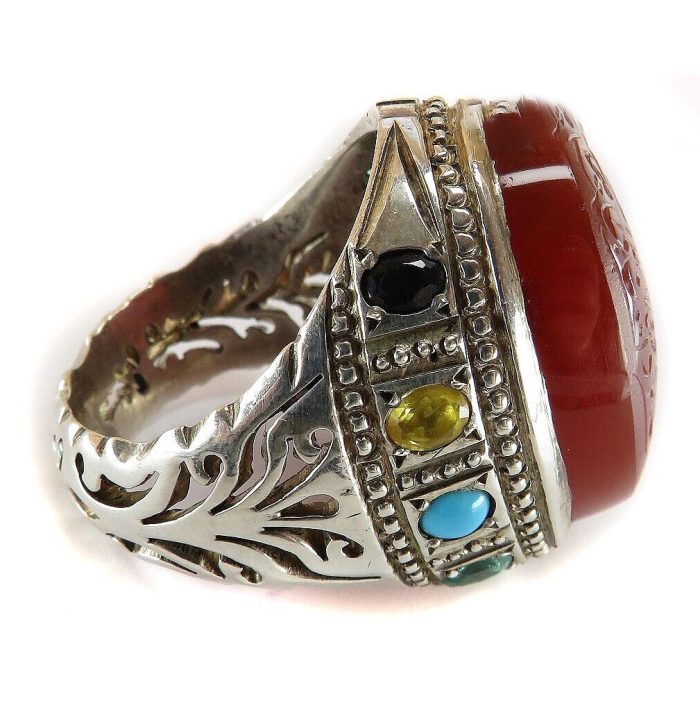 Handmade Men's Silver Yemeni Agate Ring with Ruby, Turquoise, and Emerald Inlay and Salawat Imam Hussain Engraving