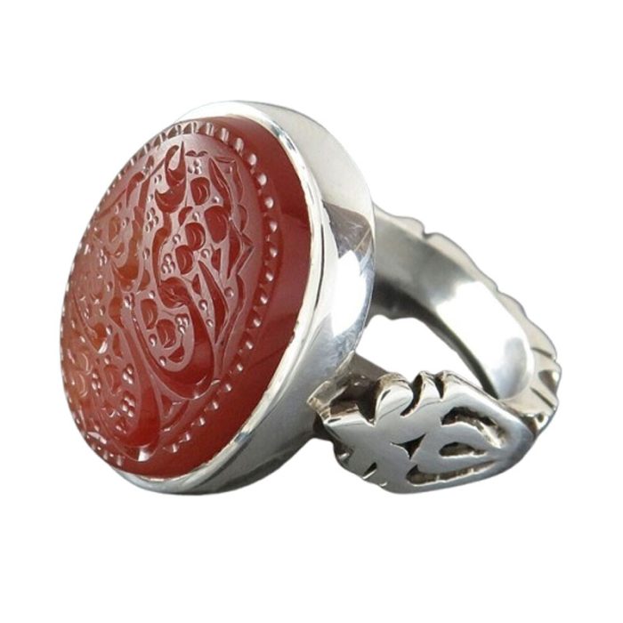 Handmade Men's Silver Yemeni Red Agate Ring with Noor Aini Ya Hussain Engraving