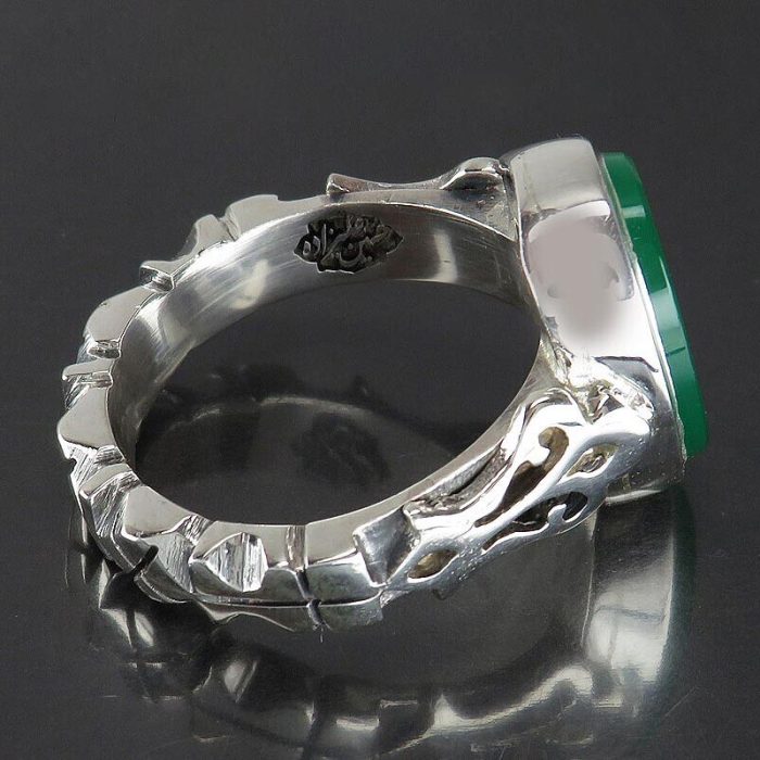 Handmade Khorasan Green Agate Silver Ring with "Ya Imam Reza" Engraving