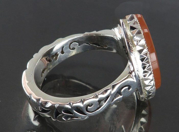 Handmade Yemeni Orange Agate Silver Ring with "Ya Imam Reza" Engraving