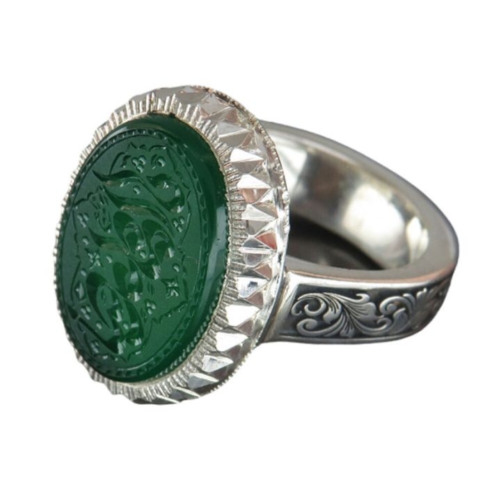 Handmade Unique Silver Green Agate Ring with Ya Imam Reza Engraving