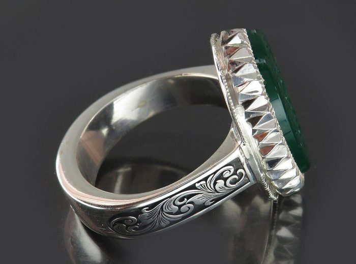 Handmade Unique Silver Green Agate Ring with "Ya Imam Reza" Engraving