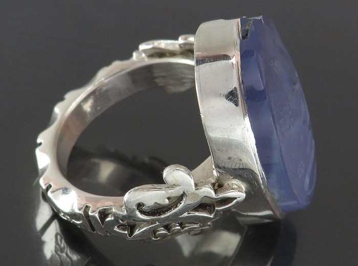 Handmade Yemeni Blue Agate Silver Ring with "Ya Hussain" Engraving