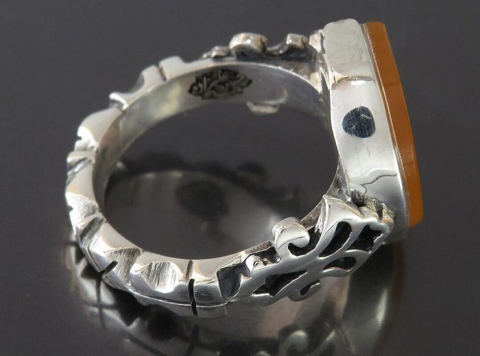 Handmade Yemeni Orange Agate Silver Ring with "Ya Hussain Shaheed" Engraving