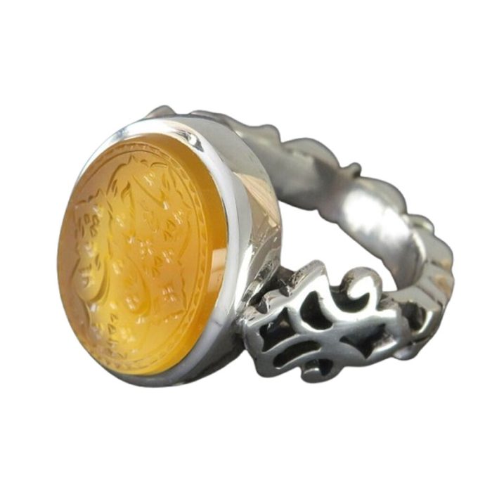 Handmade Yemeni Orange Agate Silver Ring with Ya Hussain Shaheed Engraving