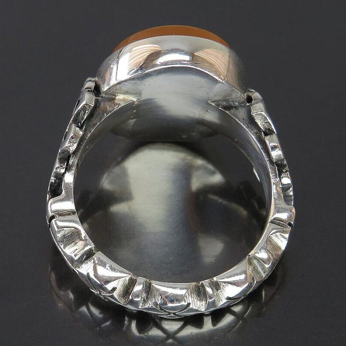 Handmade Yemeni Orange Agate Silver Ring with "Ya Hussain Shaheed" Engraving