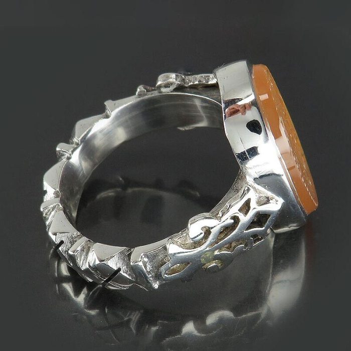 Handmade Yemeni Orange Agate Silver Ring with "Ya Imam Reza" Engraving