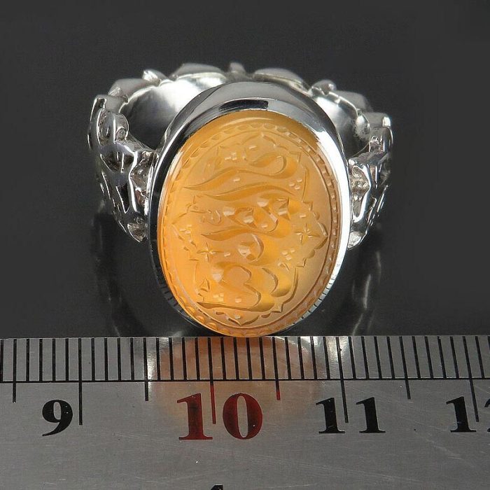 Handmade Yemeni Orange Agate Silver Ring with "Ya Imam Reza" Engraving