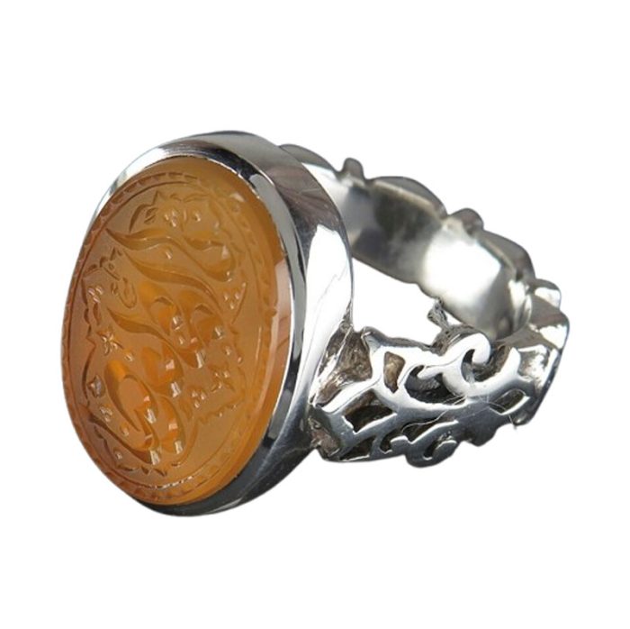 Handmade Yemeni Orange Agate Silver Ring with Ya Imam Reza Engraving