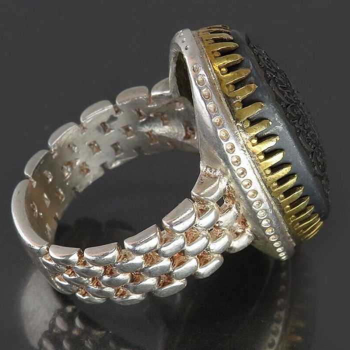 Men's Rolex-Style Hematite (Hadid) Silver Ring with "Al-Hussain & Nad-e-Ali" Engraving