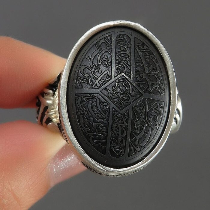 Men’s Silver Black Hematite (Hadid) Ring with Engraving of Surah "Al-Qadr"