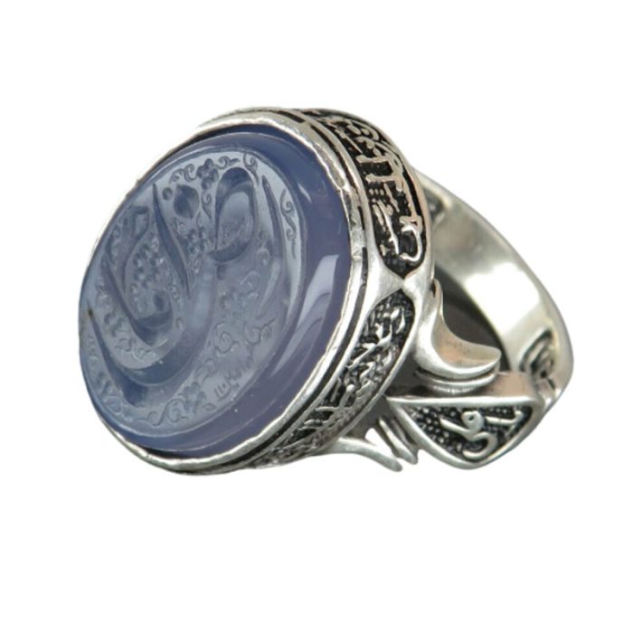 Men's Silver Blue Agate Ring with Salawat of Imam Hussain and Imam Reza Engraving