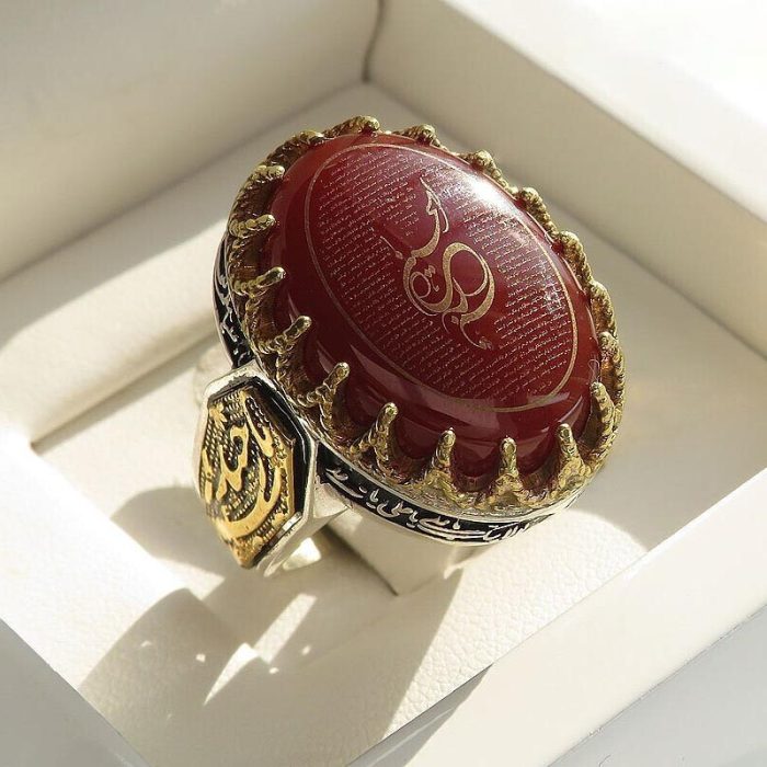 Men's Silver Red Agate Ring "Ya Haydar" & "Ziyarat Ashura" Engraving