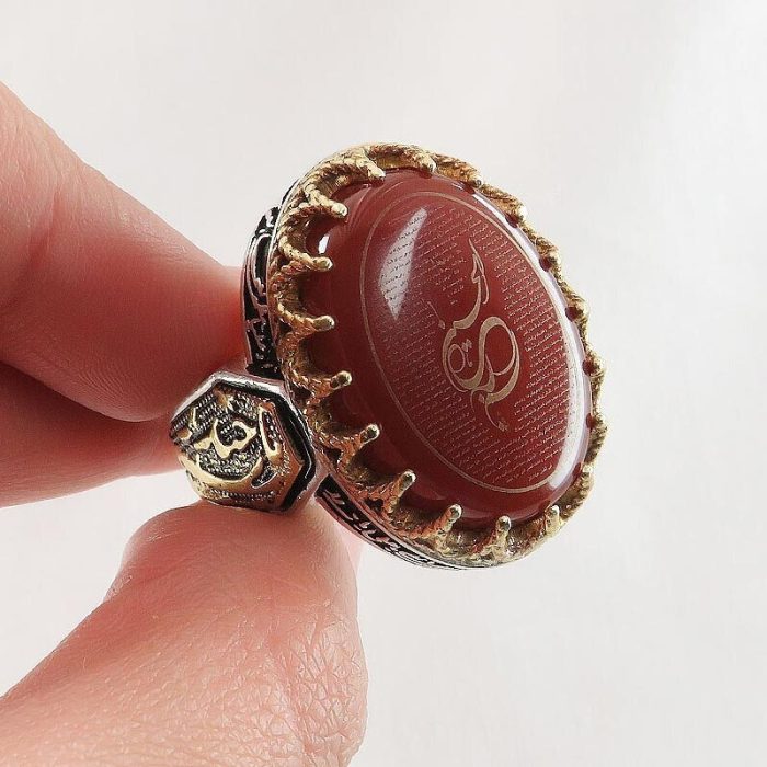 Men's Silver Red Agate Ring "Ya Haydar" & "Ziyarat Ashura" Engraving