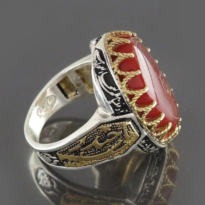 Men's Silver Red Agate Ring "Ya Haydar" & "Ziyarat Ashura" Engraving