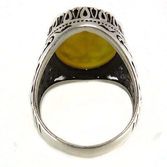 Men's Yellow Agate (Sharaf shams) Silver Ring with "Ali, Hassan, Hussain, and Fatima" Engraving