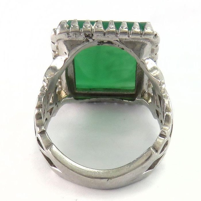 Rectangular Green Agate Silver Ring with the Engraving "Ya Ali"