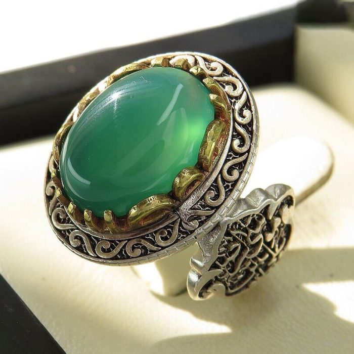 Green Agate Silver Ring with "Ya Ali Ibn Musa Al-Reza" Engraving on Frame