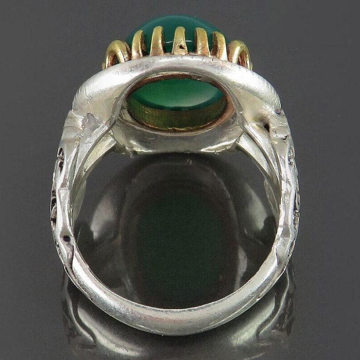 Green Agate Silver Ring with "Ya Ali Ibn Musa Al-Reza" Engraving on Frame