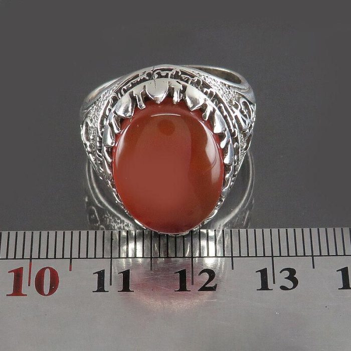 Simple Men's Yemeni Red Agate Silver Ring with Frame Engraving "Ya Hussain & Salawat Imam Hussain"