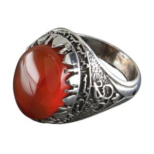 Simple Men's Yemeni Red Agate Silver Ring with Frame Engraving Ya Hussain & Salawat Imam Hussain