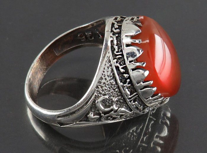 Simple Men's Yemeni Red Agate Silver Ring with Frame Engraving "Ya Hussain & Salawat Imam Hussain"