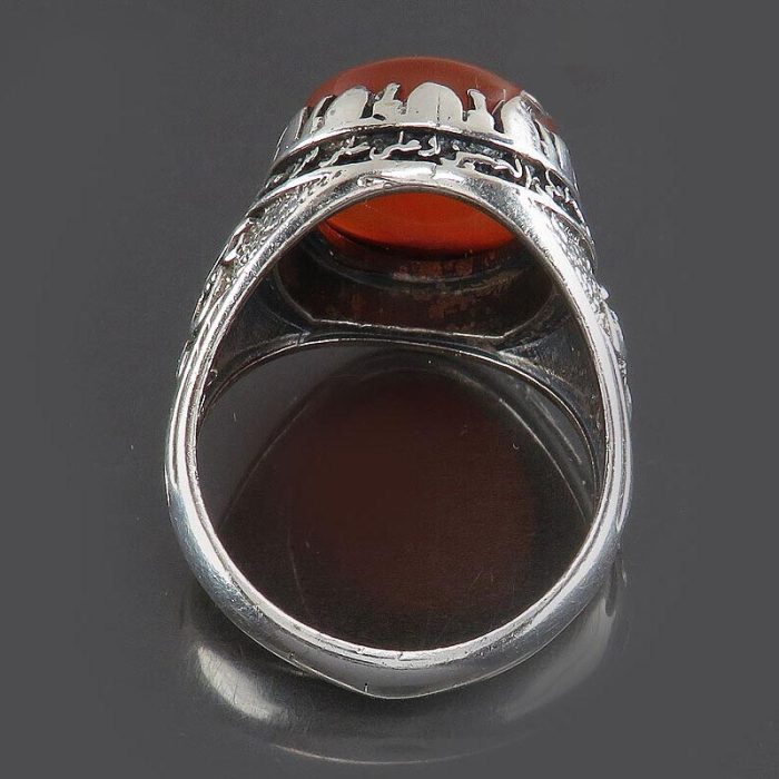 Simple Men's Yemeni Red Agate Silver Ring with Frame Engraving "Ya Hussain & Salawat Imam Hussain"