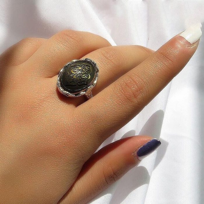 Women's Silver Hematite (Hadid) Ring with "Ya Zamen Ahoo" Engraving